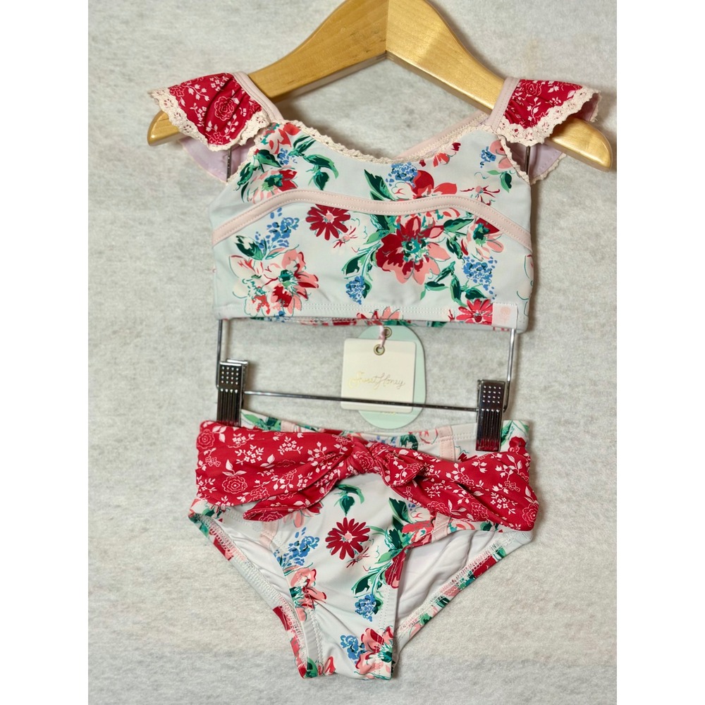 SweetHoney Girls Floral Ruffle Two Piece Swimsuit Bikini Set Red White Blue 3T